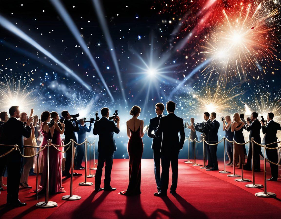 A dazzling red carpet scene filled with elegantly dressed celebrities posing for photographers, sparkling lights illuminating the backdrop, awards trophies glimmering in the foreground. Capture the excitement and glamour of fame, with fans cheering in the background and a starry night sky above. vibrant colors. super-realistic. high contrast.